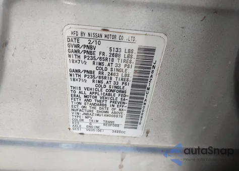 2010 Nissan Murano Sl z USA, uszkodzony, nr VIN JN8AZ1MU1AW008978